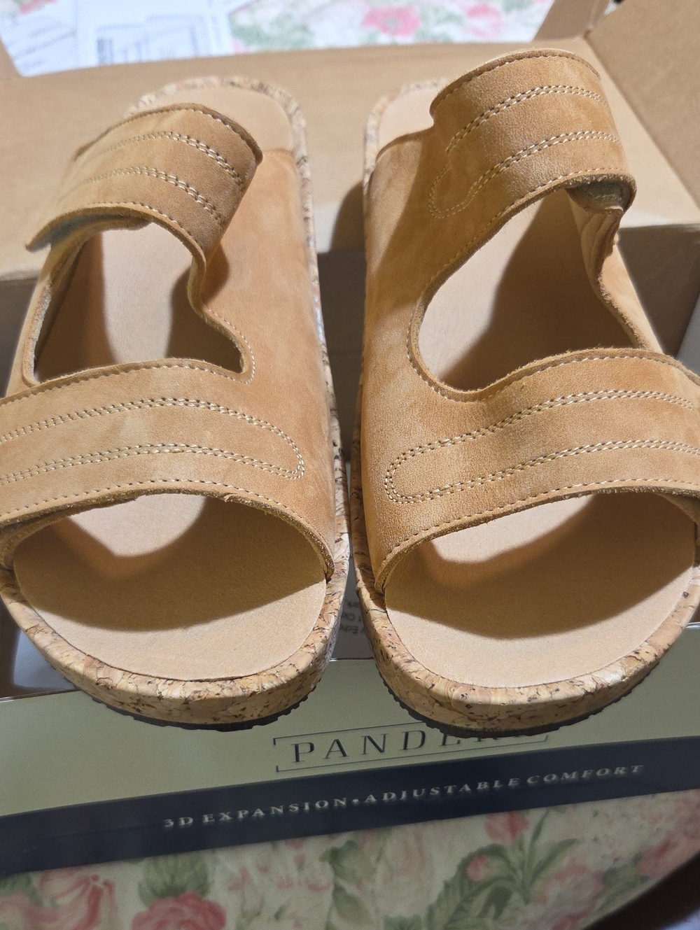 Pandere Tan Suede Double-Strap Cork Slide Sandals